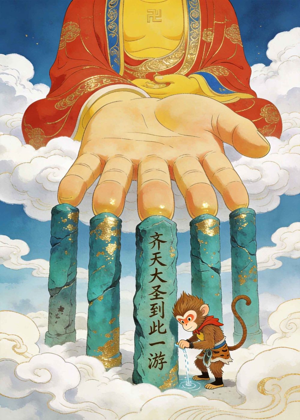 玉帝请来如来佛祖，和孙悟空打赌他飞不出手掌心。