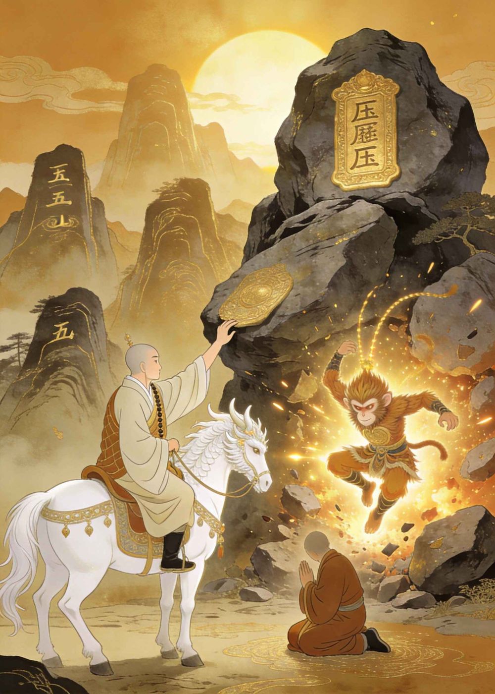 五百年后，唐僧救出了他，孙悟空踏上了西天取经之路。