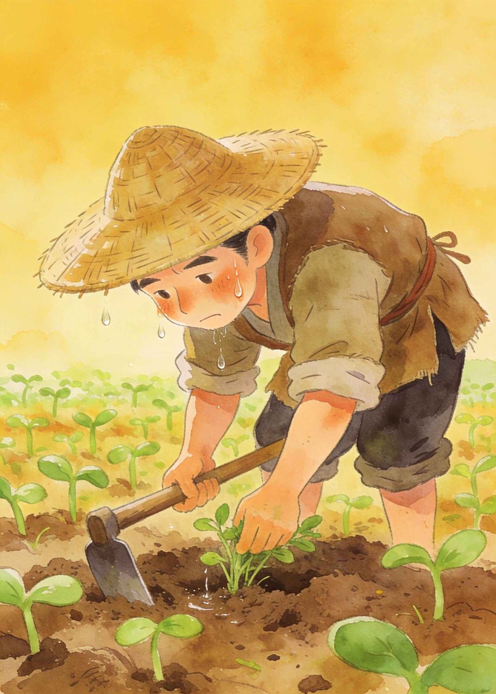 他每天日出就下田干活，锄地、浇水、拔草，可辛苦啦。