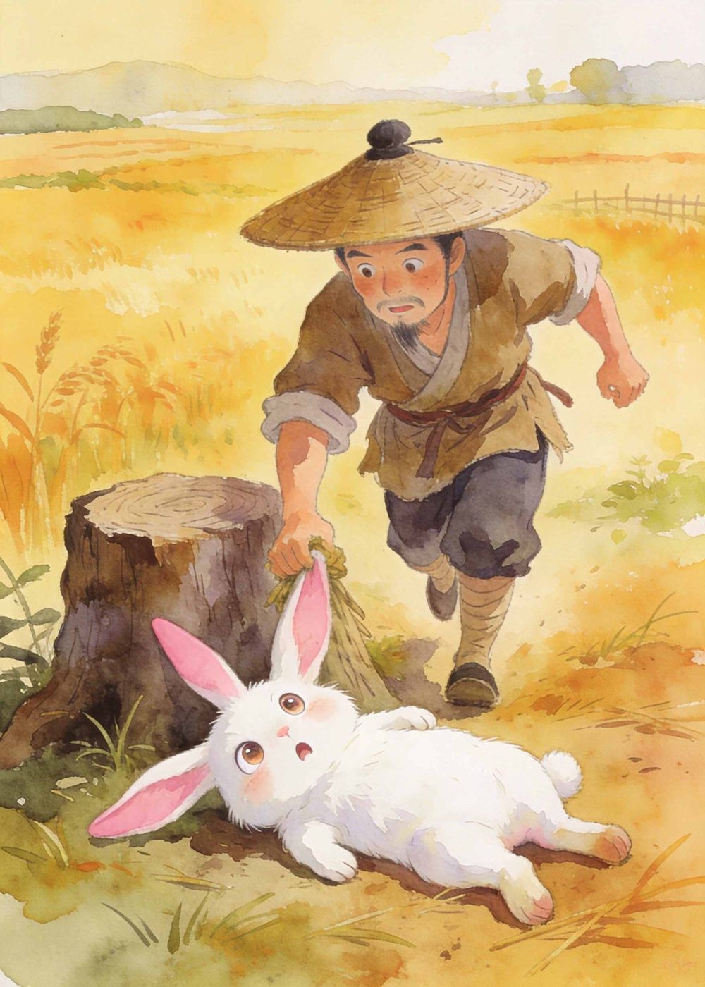 农夫跑过去一看，乐坏了：白白捡了一只兔子！