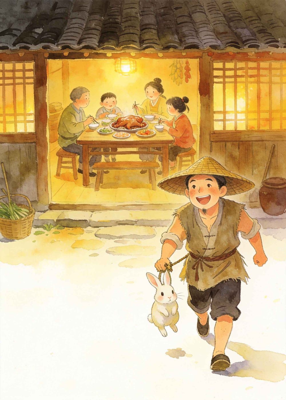 那天晚上，他美美地吃了一顿兔肉，别提多开心了。