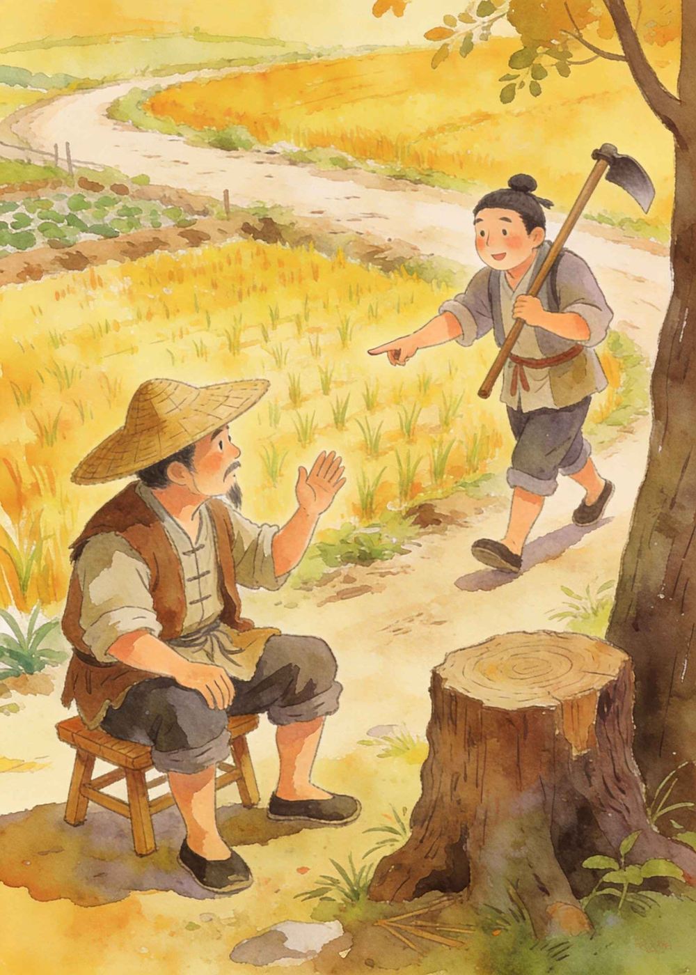 邻居劝他：快去种田吧，兔子哪会天天撞树桩呀！