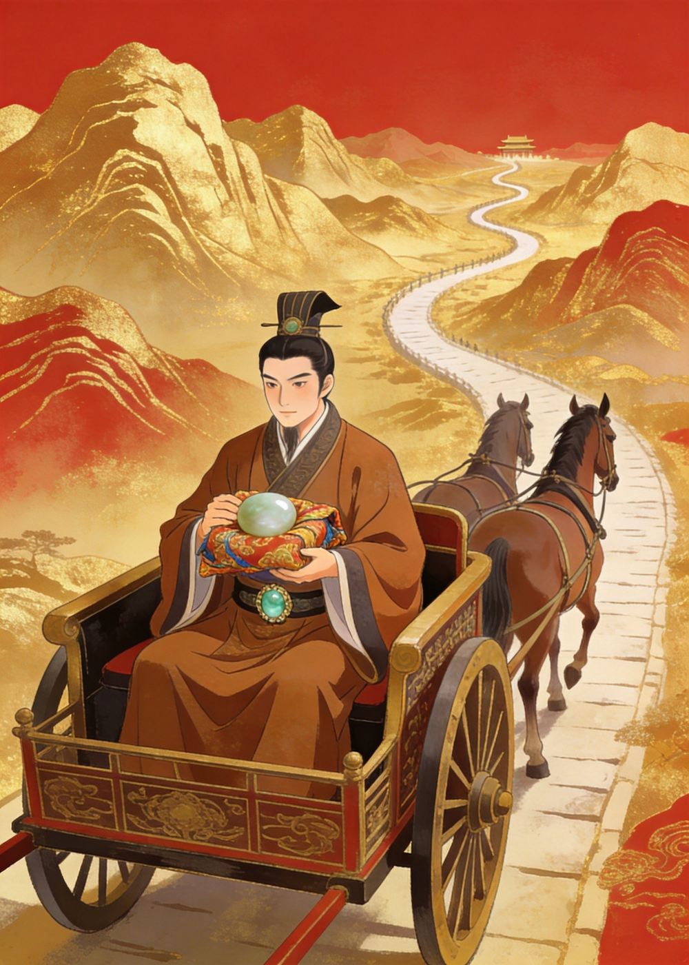 蔺相如郑重地捧着和氏璧，踏上了前往秦国的漫漫旅途。