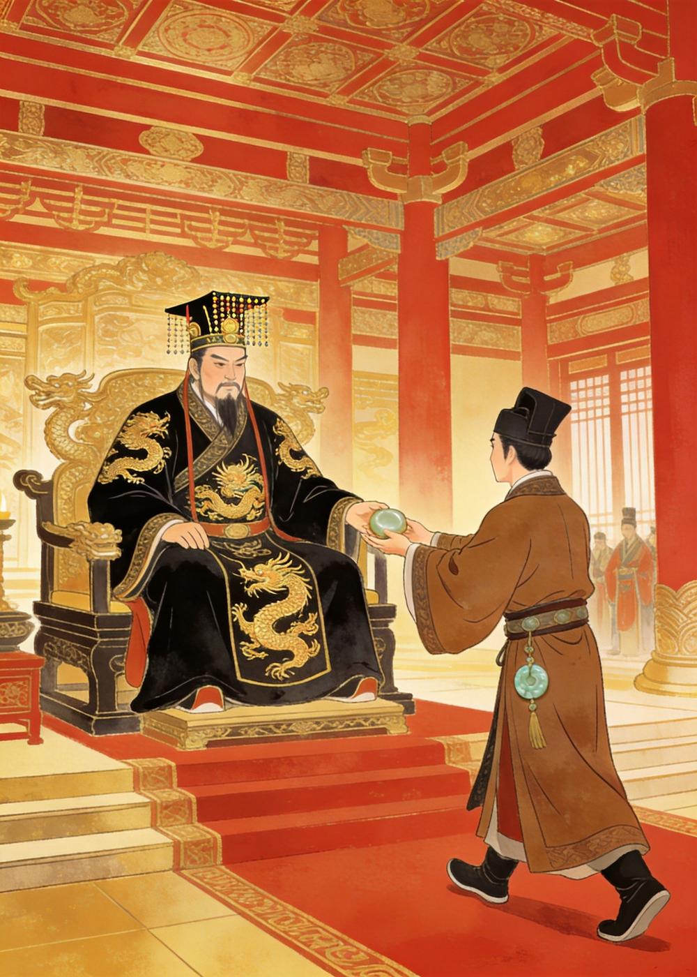 到了秦国，秦王召见蔺相如，一见面就问他要和氏璧。