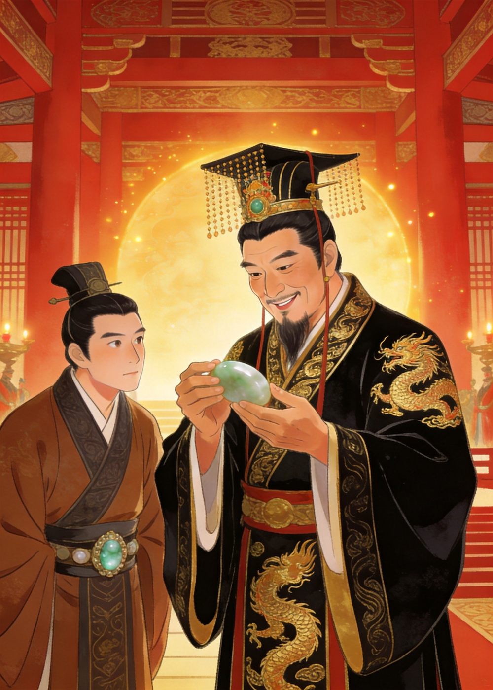 秦王拿到和氏璧，翻来覆去地看，连声夸赞，高兴极了。