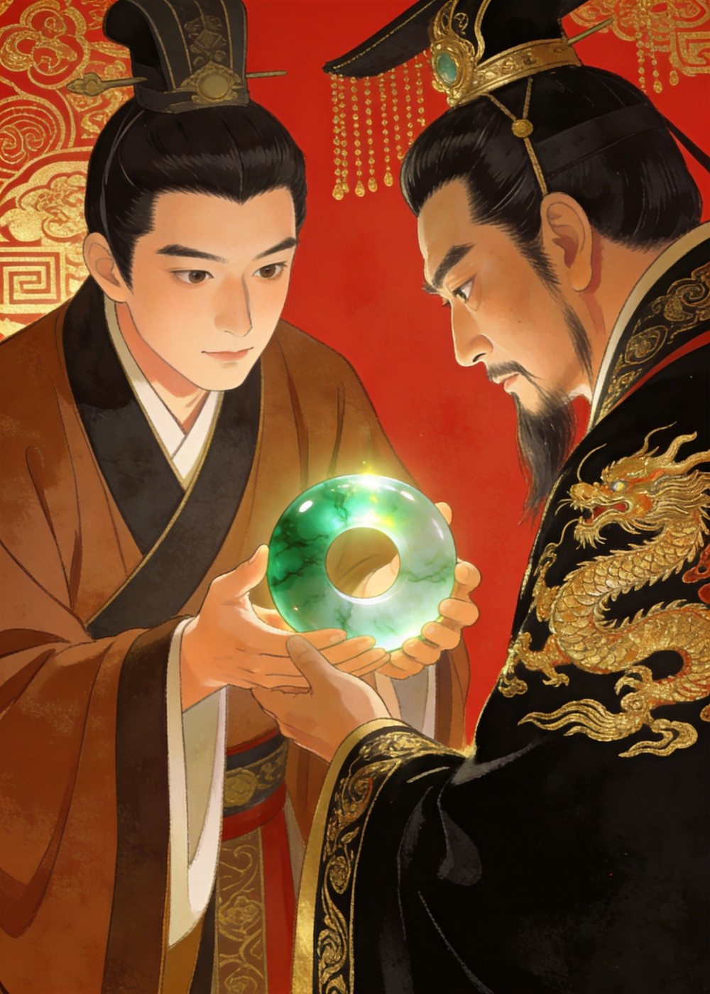 他上前说：这块璧上有一处小斑，让我指给您看。