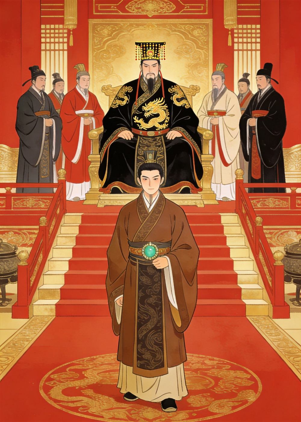 五天斋戒结束，秦王设大典迎接和氏璧，可蔺相如却两手空空而来。