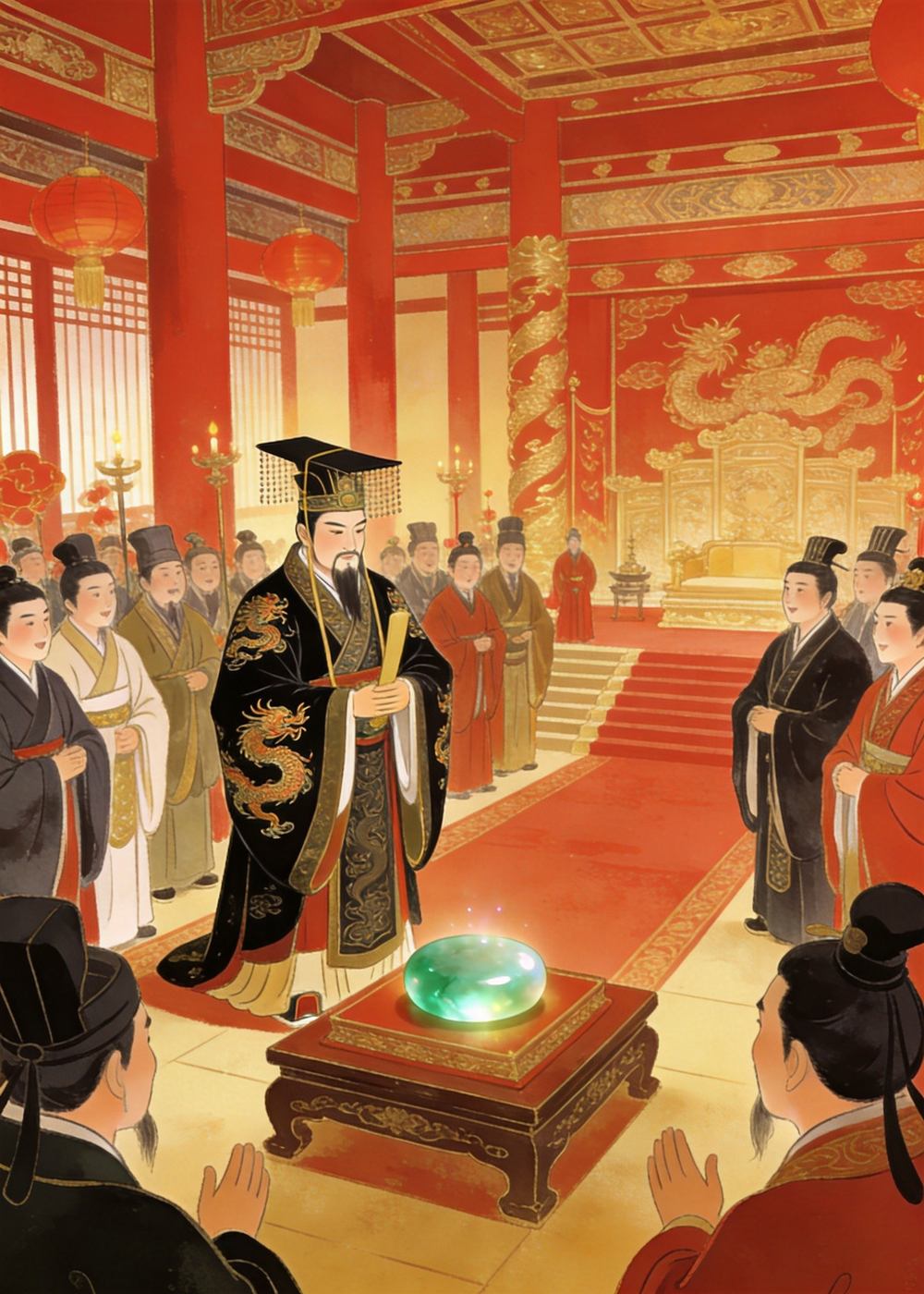 和氏璧完好无损地回到了赵国，满朝上下都称赞蔺相如有胆有谋。