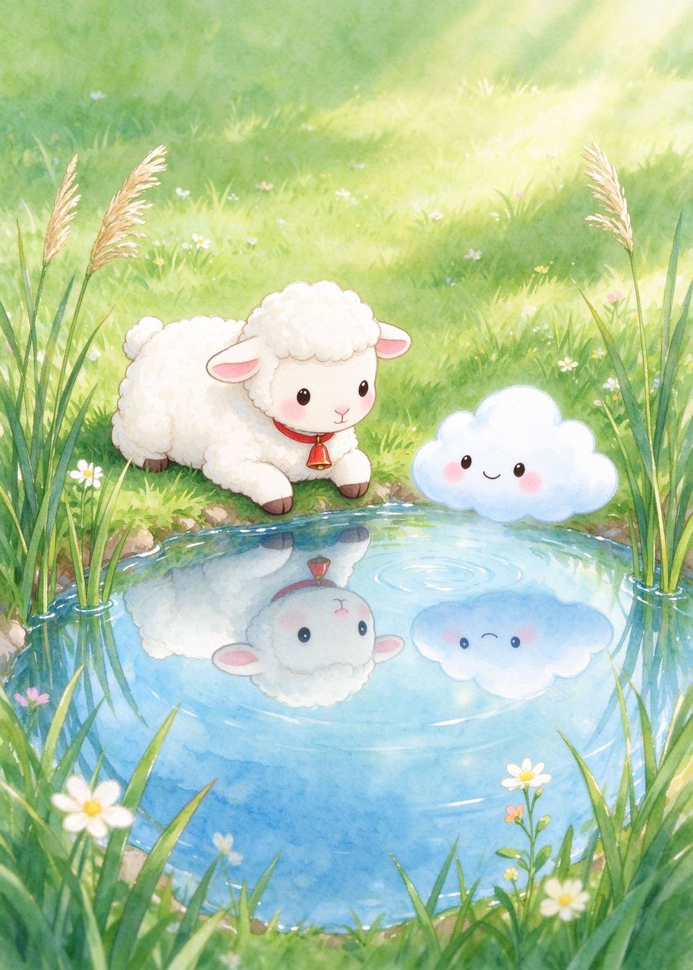 它们来到一汪清清的小水洼边，水里映出了两个好朋友。