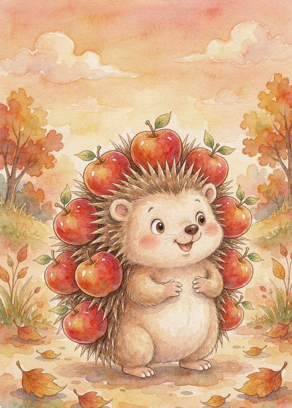 呀！红苹果全都稳稳当当地扎在了它的尖刺上！