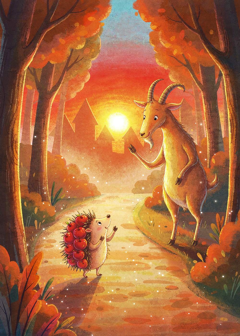 太阳快落山了，圆圆背着剩下的苹果，和山羊伯伯挥手告别，回家啦。