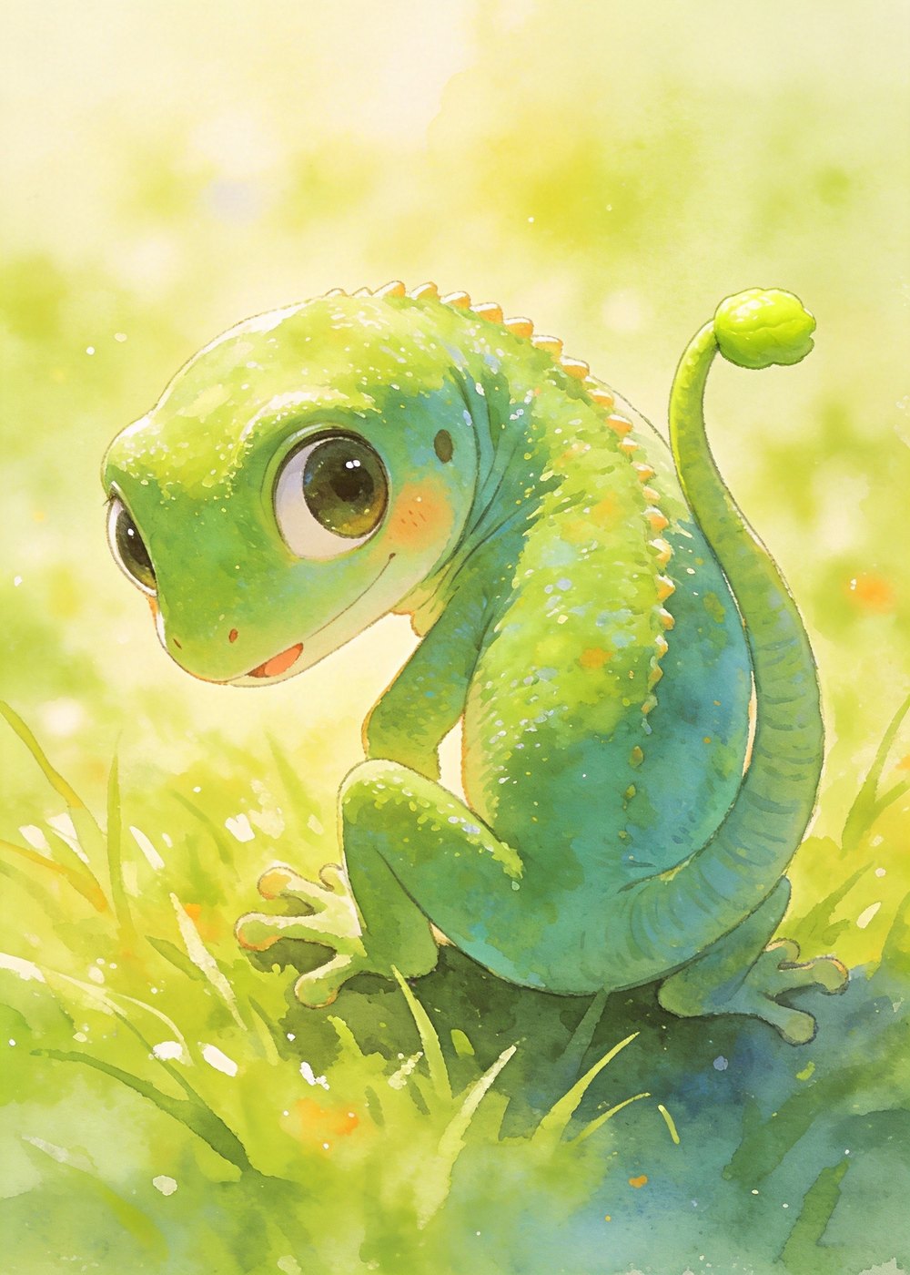 他回头一看，身后竟长出了一截短短的新尾巴！小壁虎又惊又喜，开心得蹦了起来。