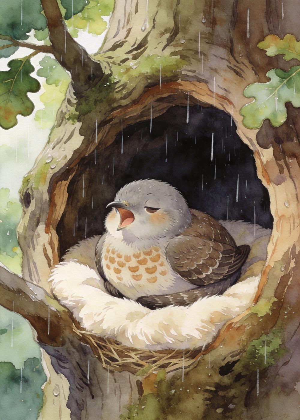 小布谷鸟看着外头的雨，忍不住想：偷个懒，睡个懒觉吧。