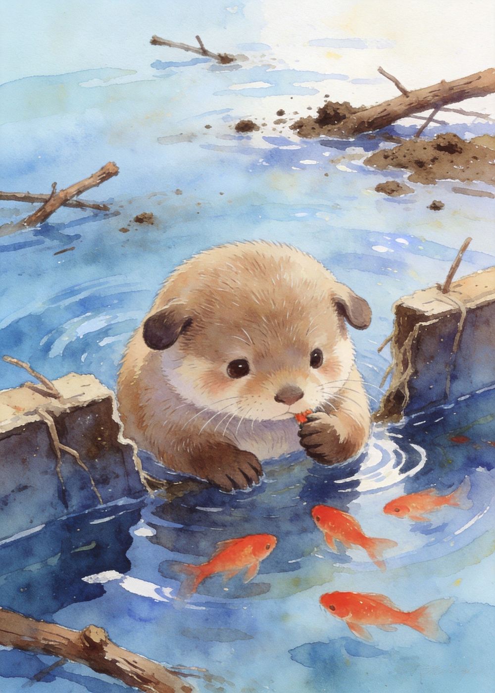 小水獭有点难过，小鱼却游过来说：“没关系，再试一次呀！”