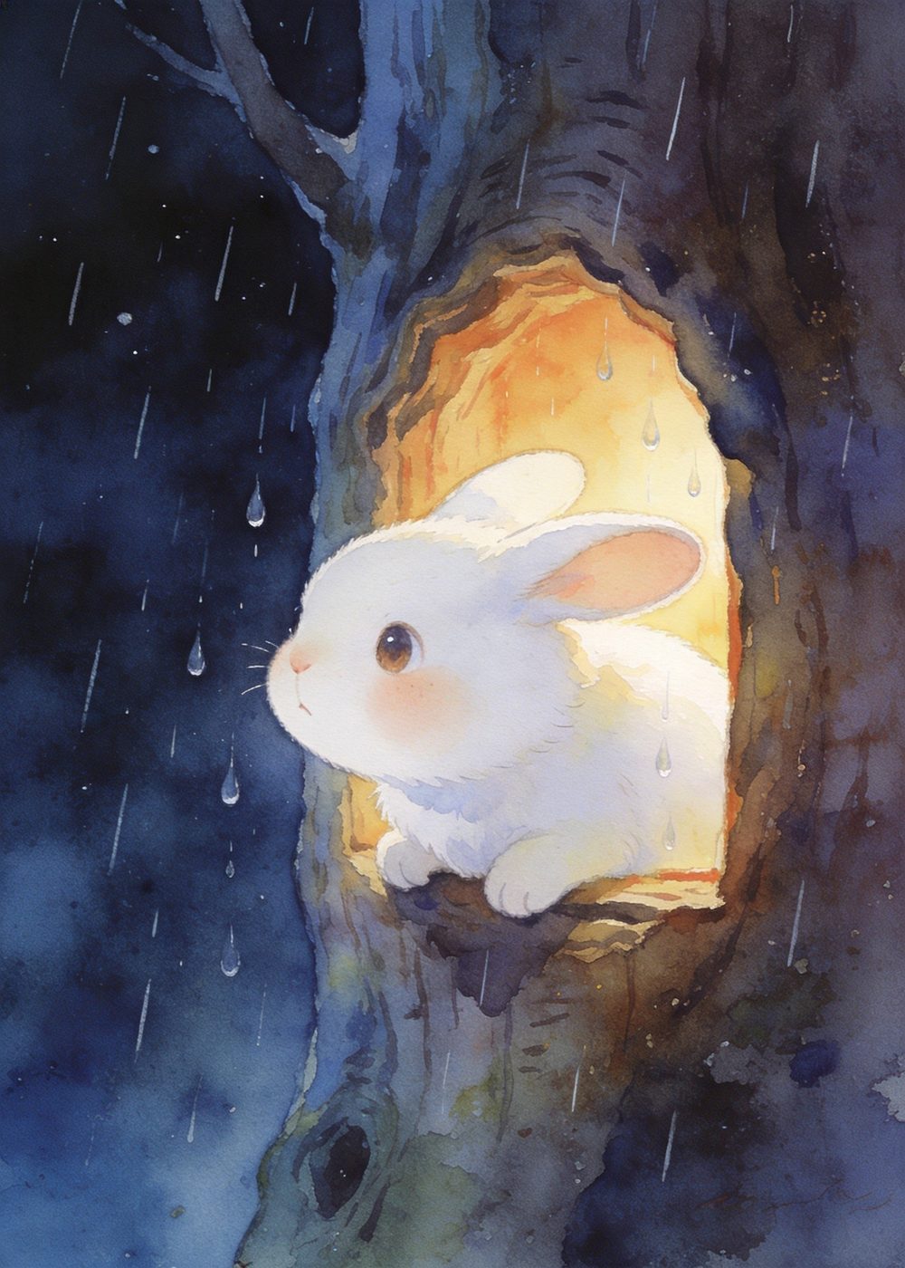 雨夜来啦，小兔子害怕地缩在树洞里，不敢睡。
