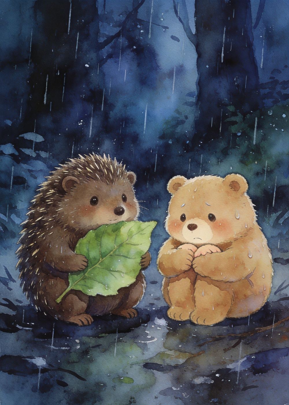 小刺猬、小熊也都因为害怕黑漆漆的雨夜不敢睡。