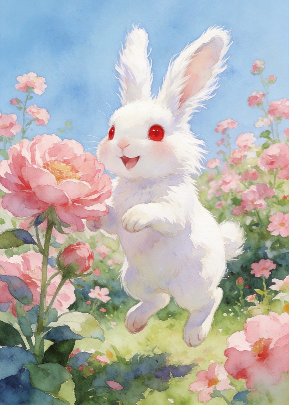 一朵最美的花完全盛开，小兔子开心得蹦了起来。