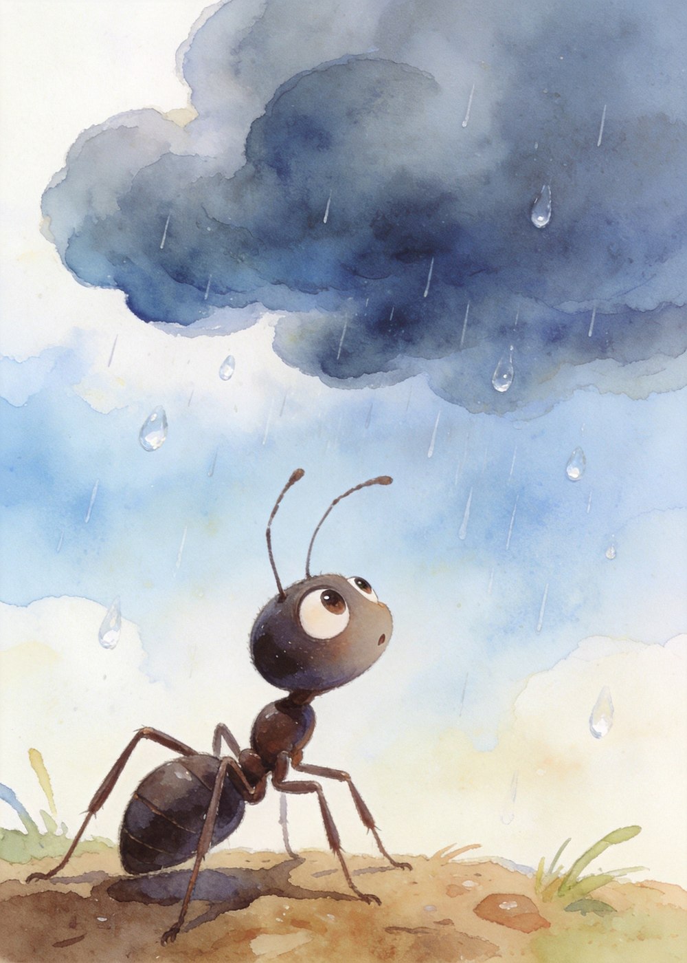 忽然，天空飘来一大片乌云，哗啦啦下起了雨，雨点滴滴答答落了下来。