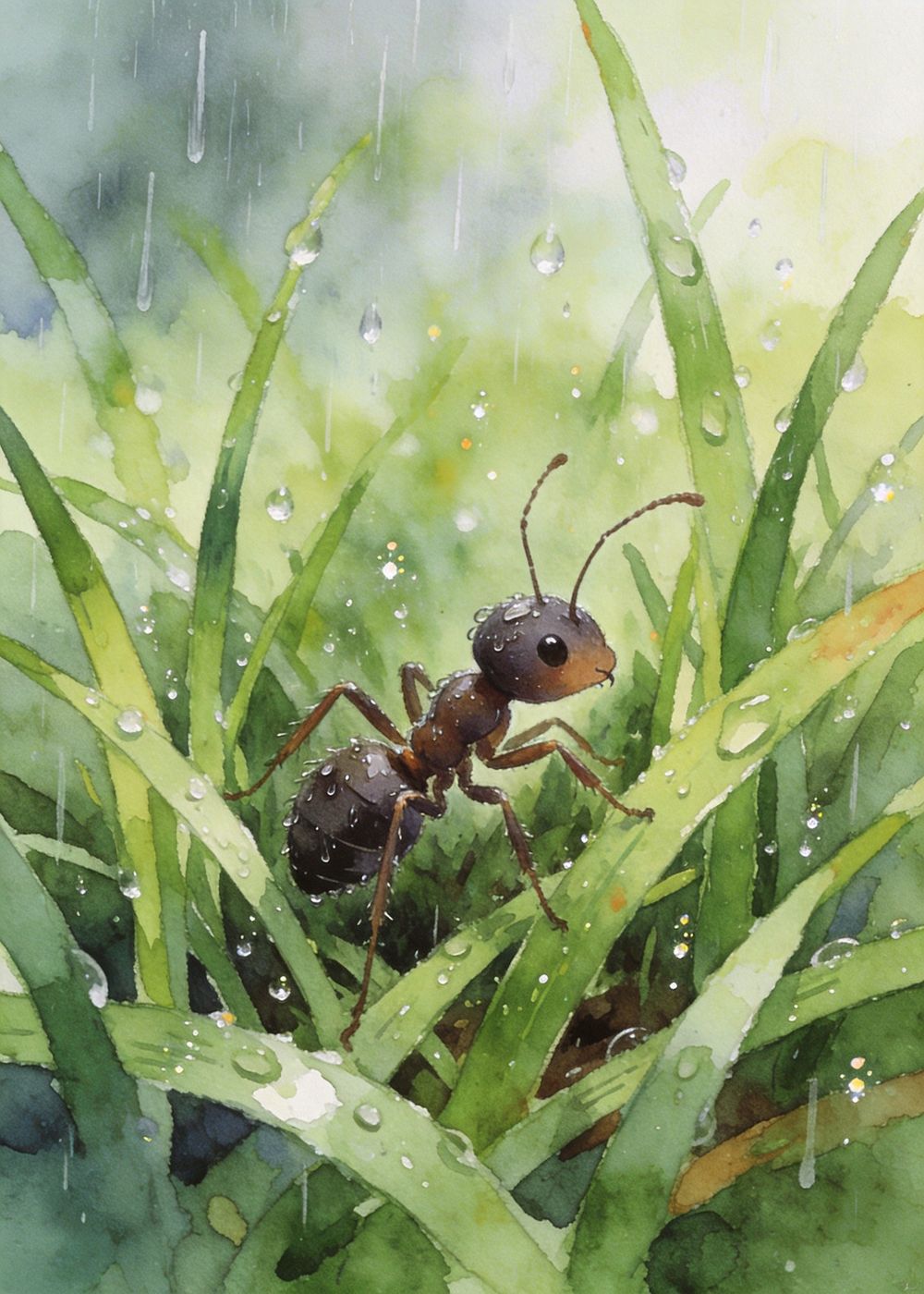 雨越下越大，小蚂蚁急得团团转，到处找呀找，却怎么也找不到躲雨的地方。