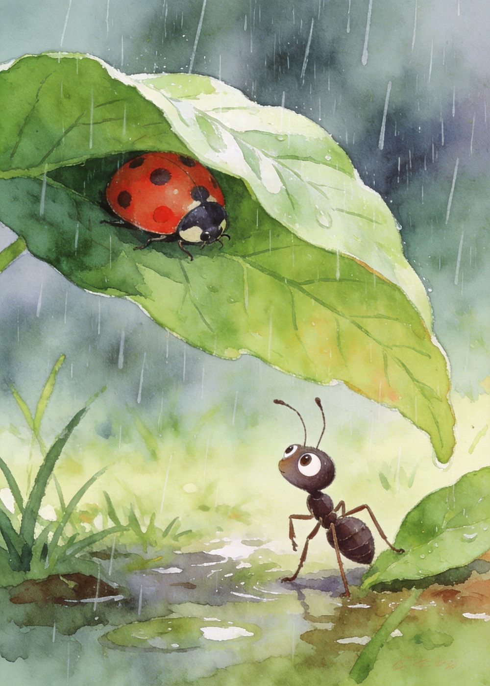 小蚂蚁看见一只瓢虫，正舒舒服服地躲在一片叶子下面避雨呢。