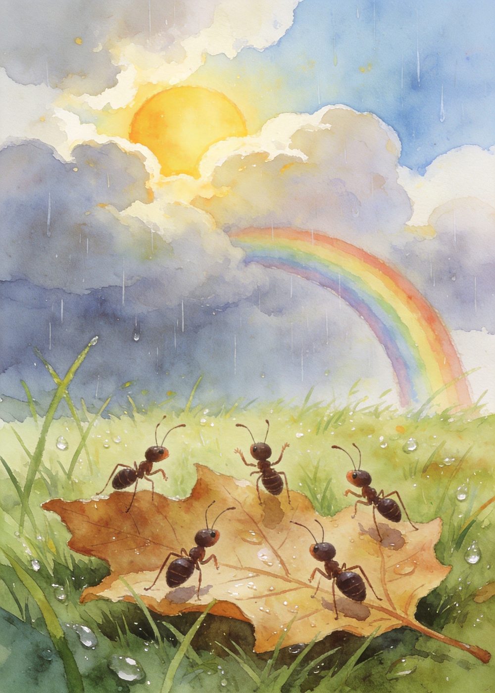 雨停了，太阳出来了，天边还挂着一道漂亮的彩虹，大家快活地欢呼起来。