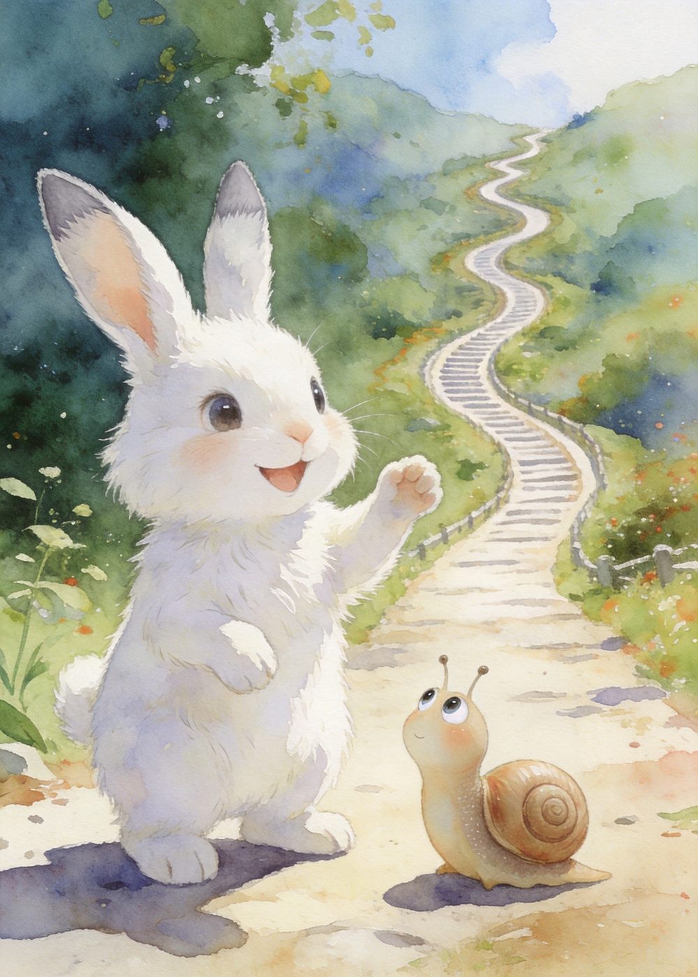 小兔子笑着说：“你爬得这么慢，爬到山顶太阳早就下山啦，还是放弃吧。”