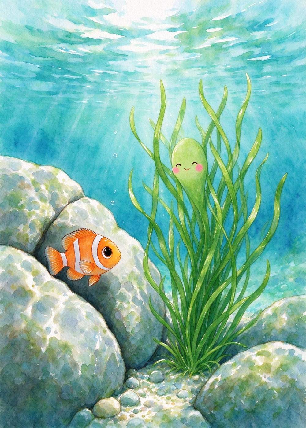 这时，旁边一丛绿绿的水草，轻轻摇了摇。