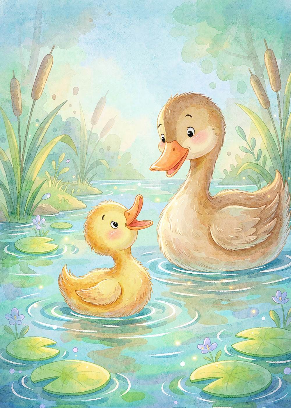 "妈妈!我会游泳啦!"黄黄开心地嘎嘎叫起来。