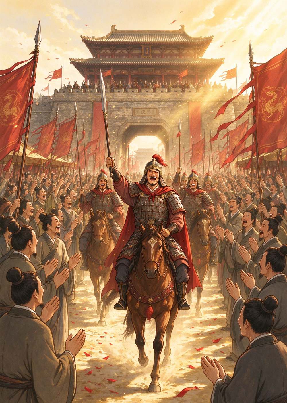 终于!陇地被平定啦!将士们高兴得欢呼起来。