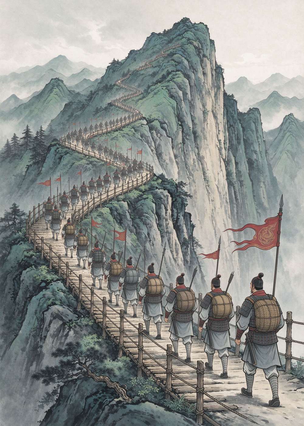 岑彭将军带着军队,翻过大山,跨过大河,继续前进。