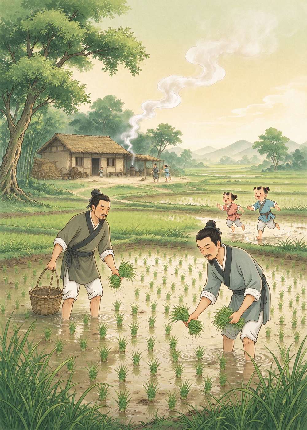 从那以后,天下的百姓再也不用打仗了,都回家安心种田。