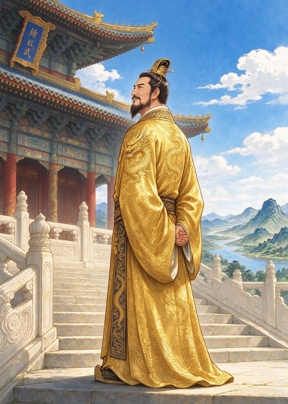 刘秀站在宫殿前,看着太平的天下,欣慰地笑了。