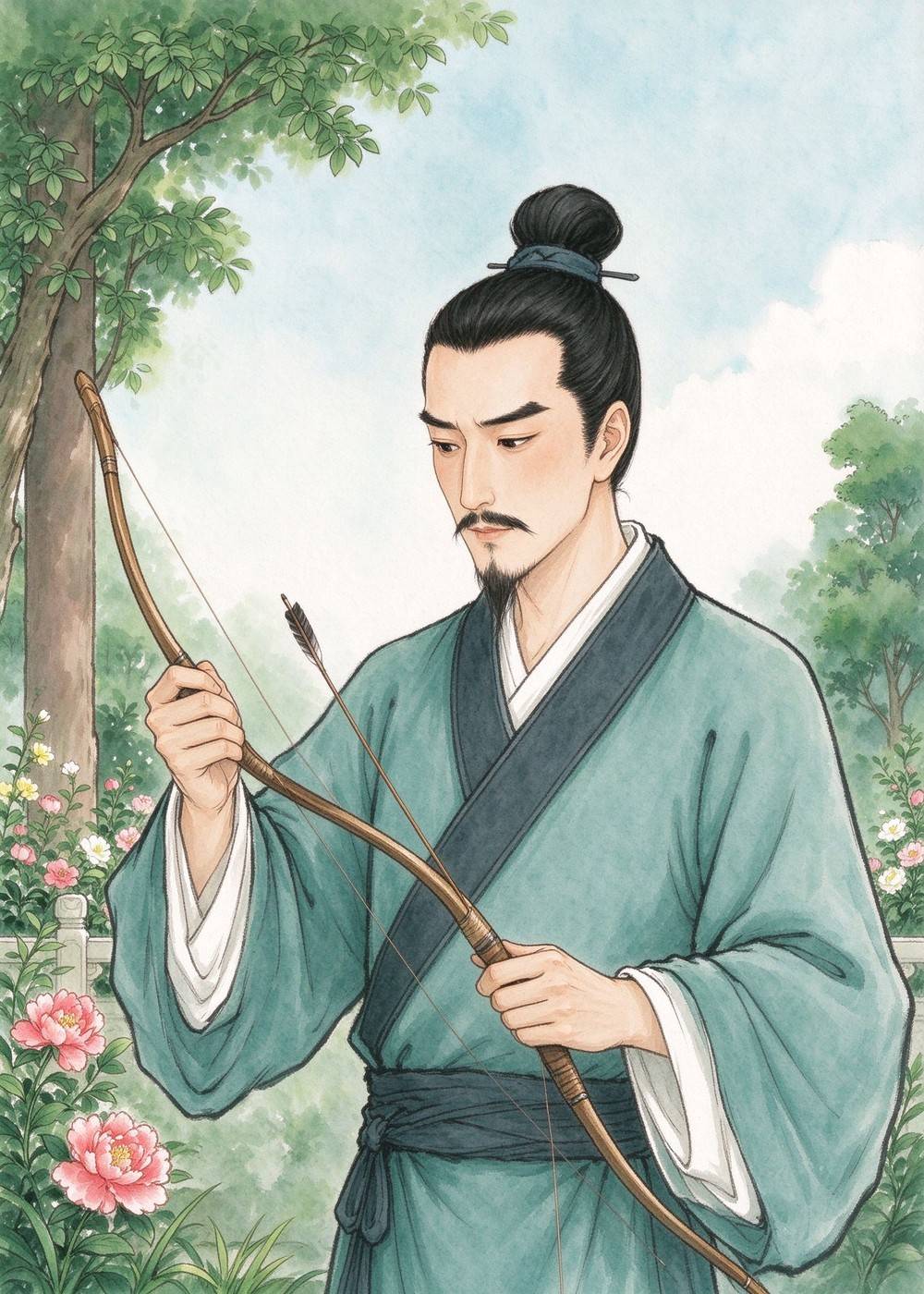 更羸取下弓,搭上一根没有箭的空弦。