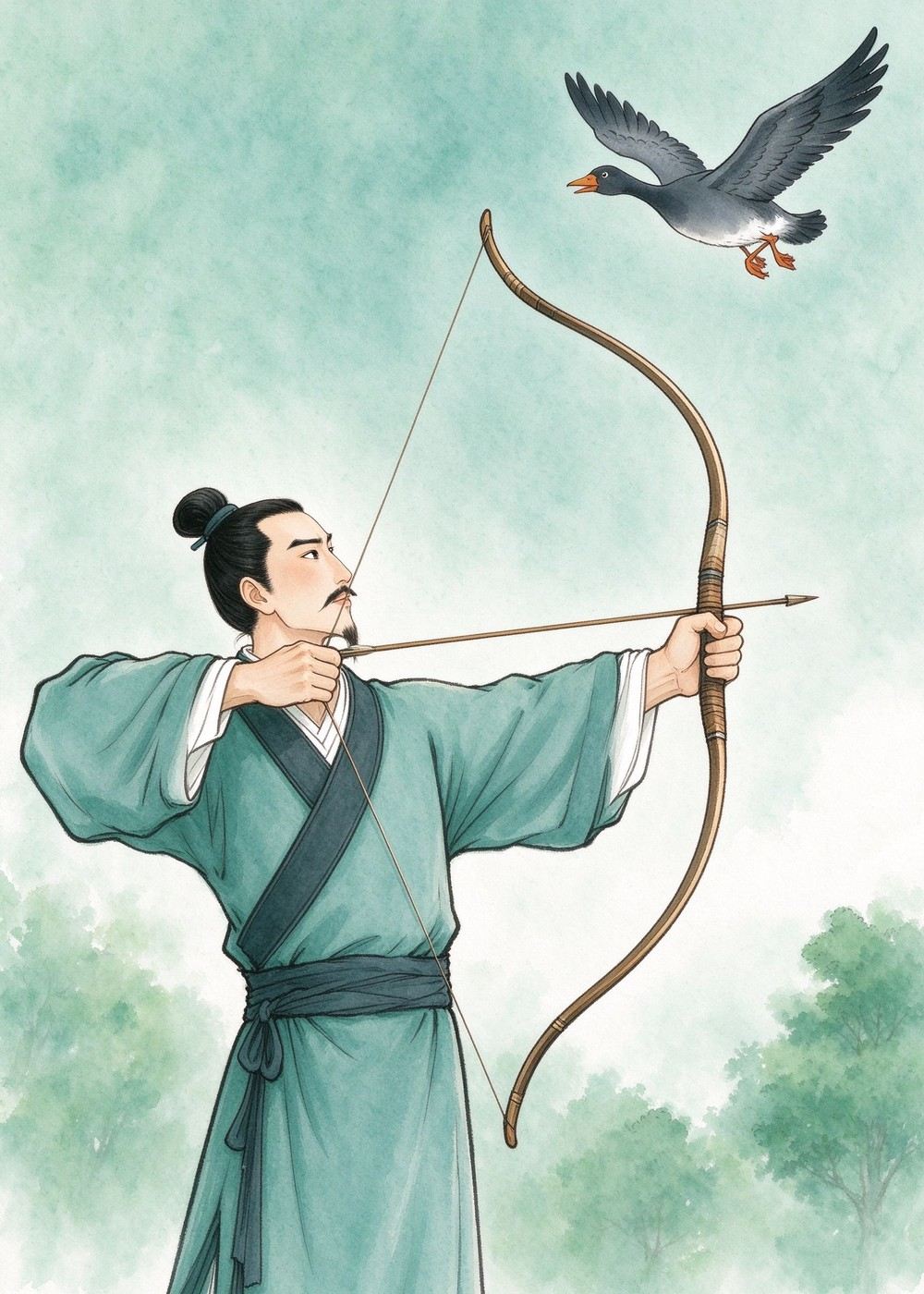 他把弓拉得满满的。