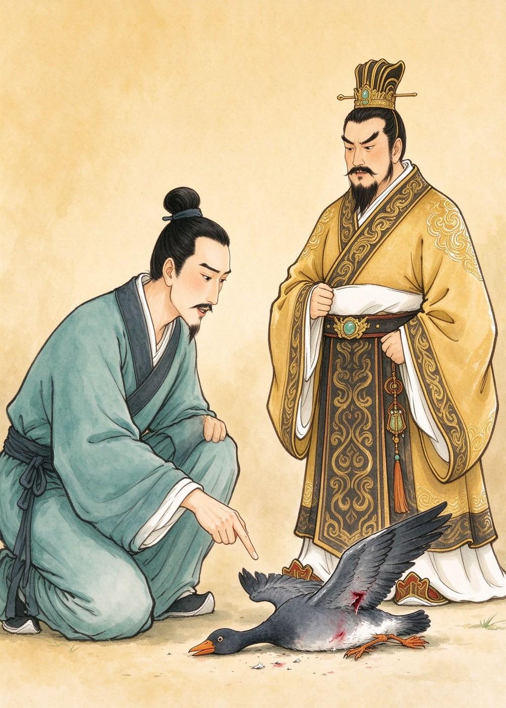 更羸笑着说:"这只鸟之前就受过箭伤。"