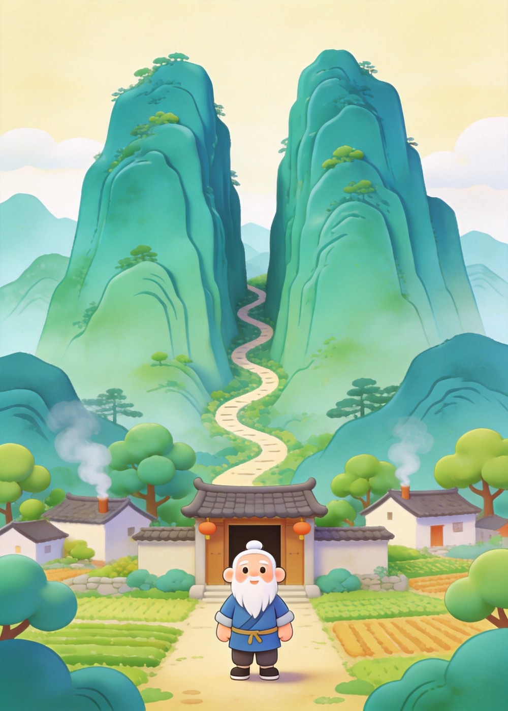 从前，有位叫愚公的老爷爷，家门口挡着两座好高好高的大山。