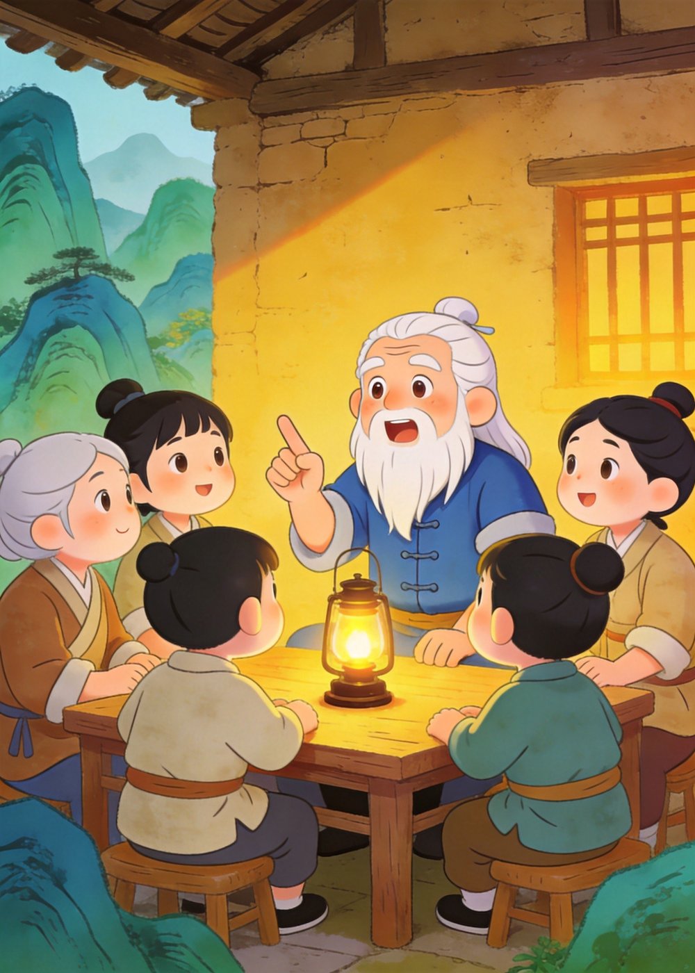 晚上，愚公召集全家人商量："咱们一起把大山挖走吧！"