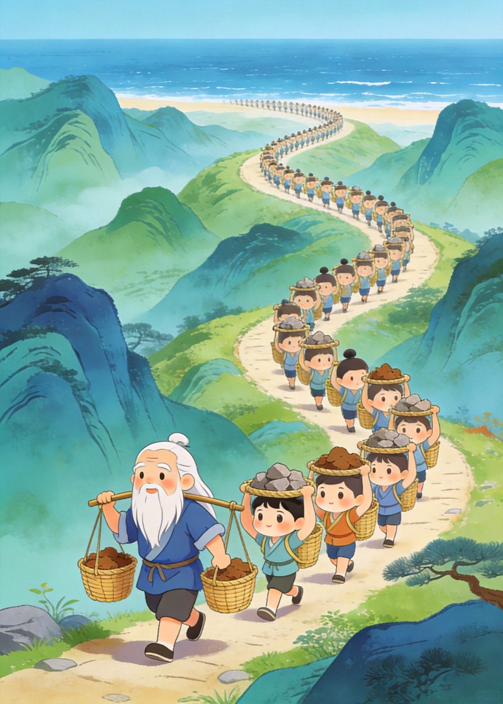 运土的队伍排成长龙，把土石一趟趟运往渤海边。