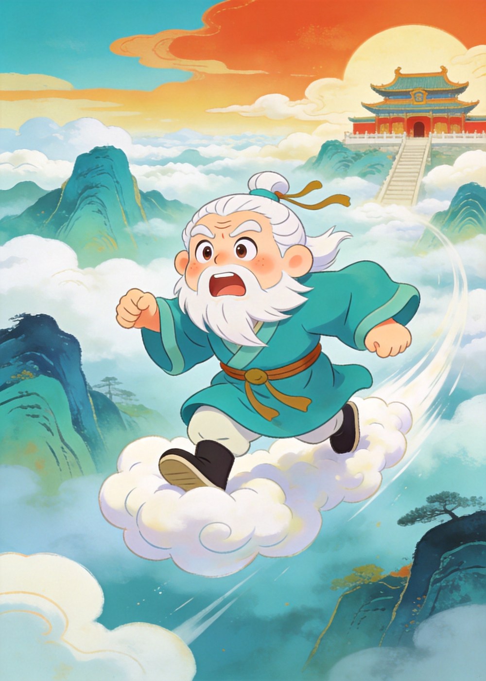 山神公公吓坏了，赶紧驾着云朵飞上天宫报告。