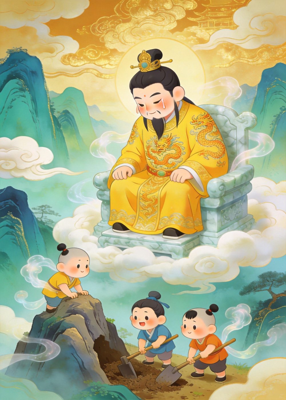天帝听完，被愚公一家坚持不懈的劲儿感动了。