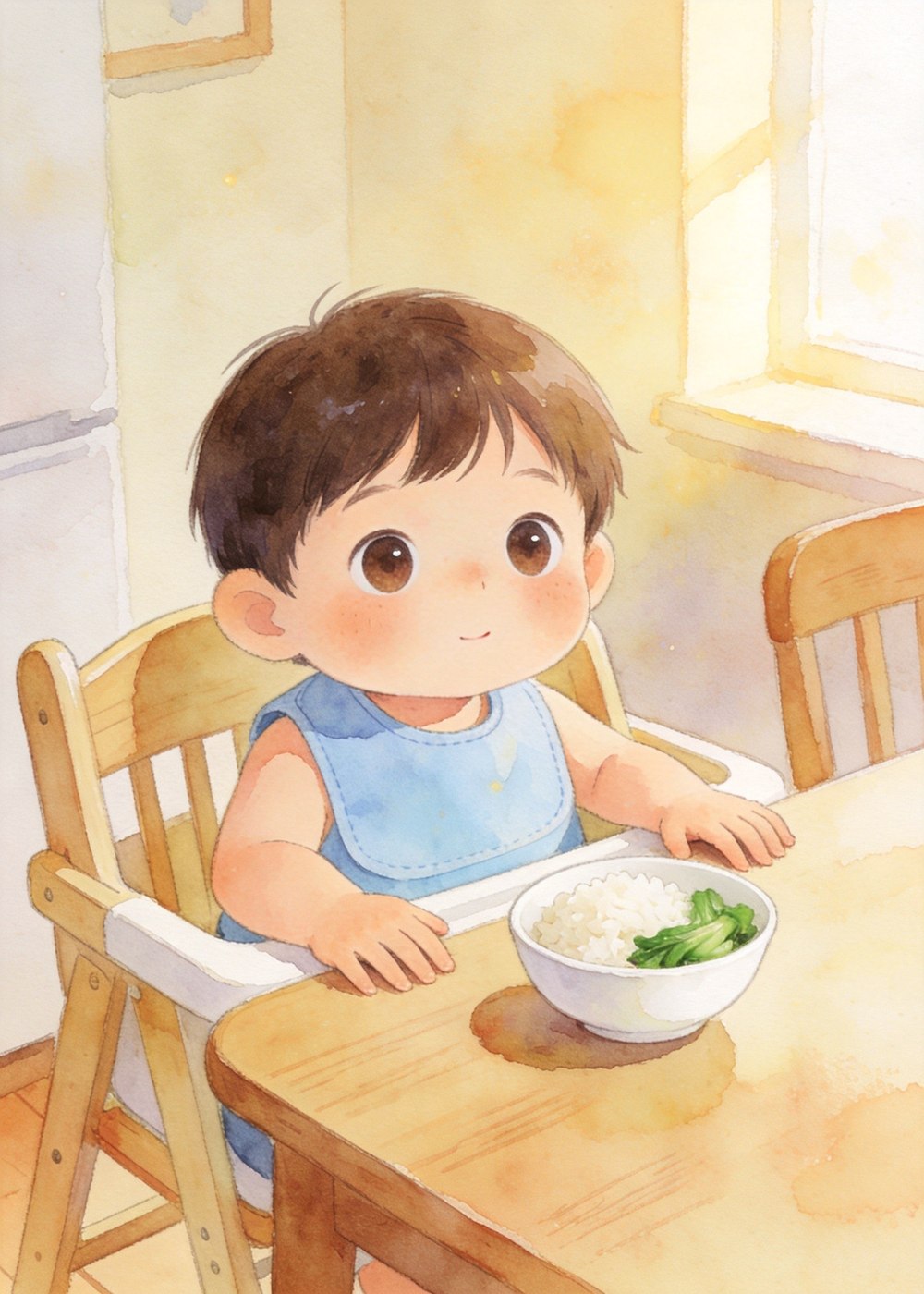 他坐到自己的小椅子上，挺直小腰板准备开饭。