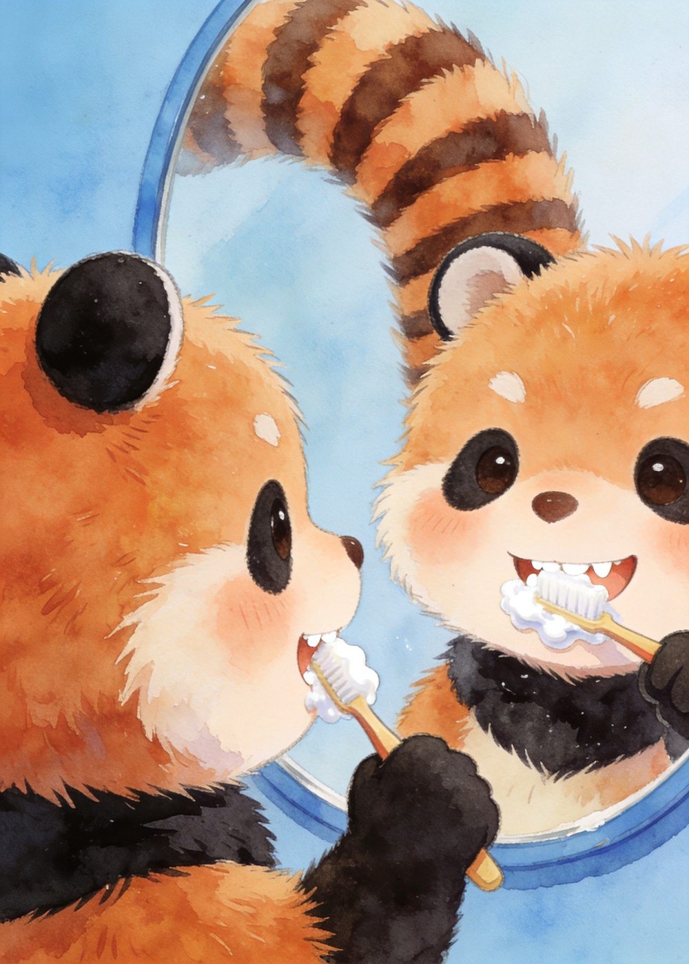 小熊猫宝宝把小牙齿刷得白白亮亮，咧开嘴笑呵呵。