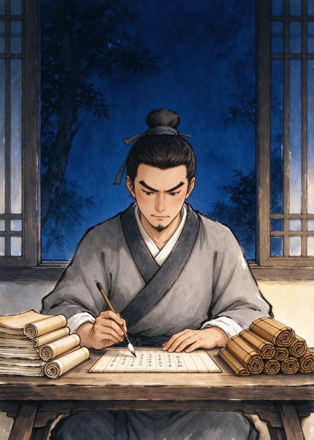 每天天不亮，他就坐在桌前抄书。