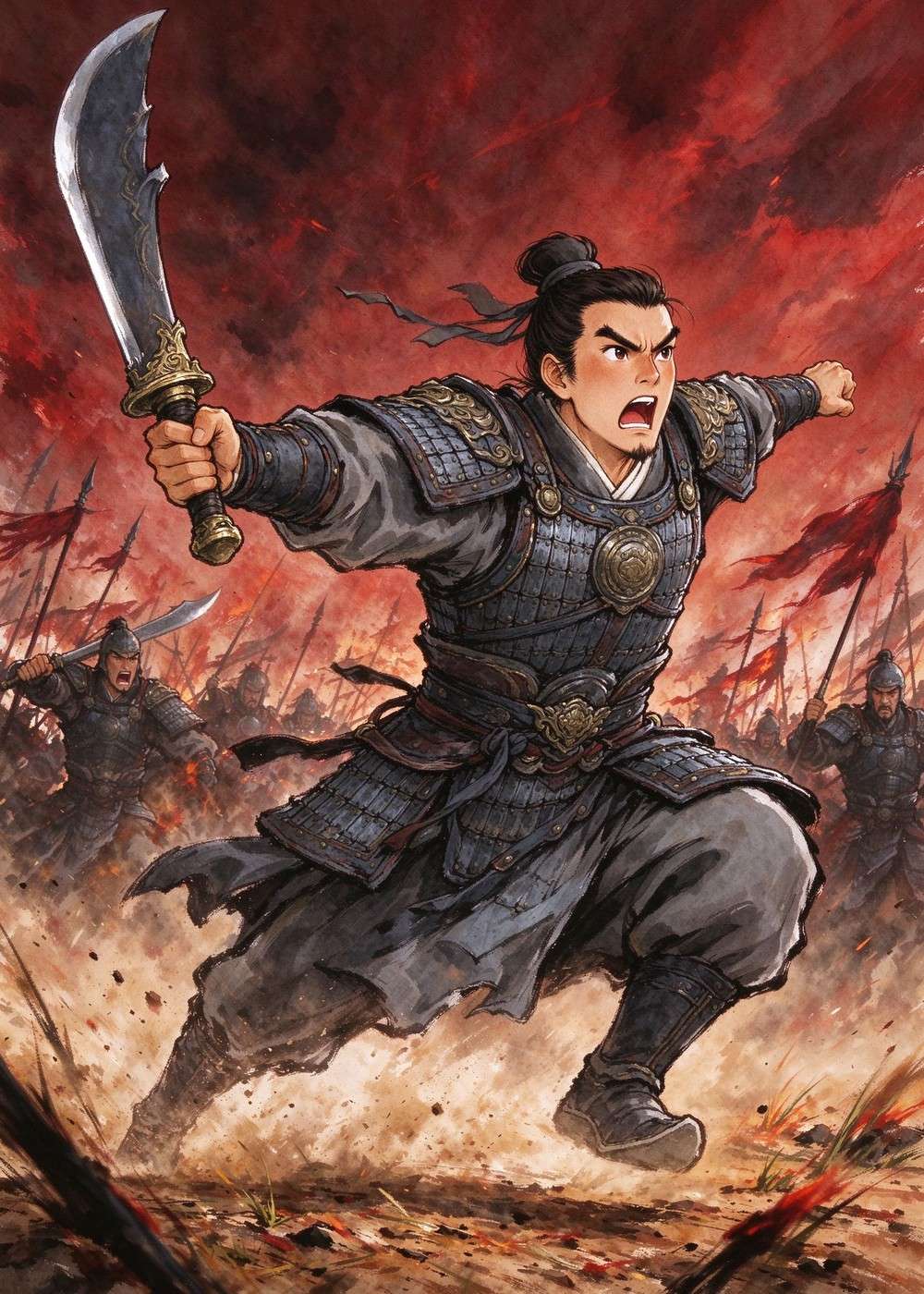 上了战场，他勇敢杀敌。