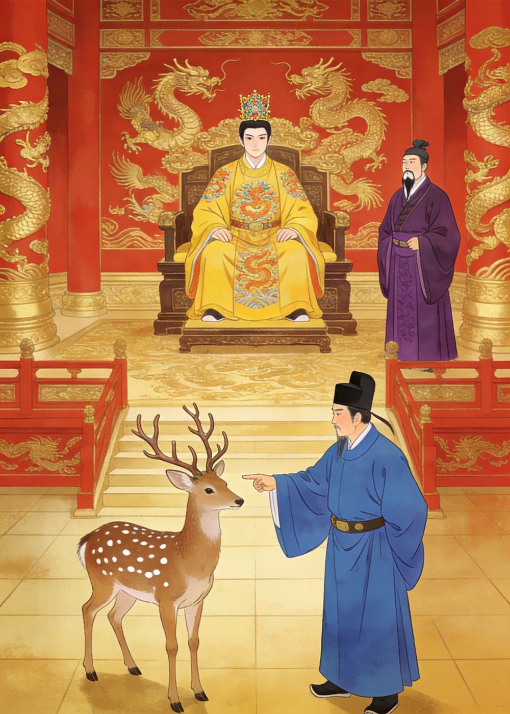 一位大臣挺直腰杆站出来，指着鹿说：这明明是鹿，怎么能当做马呢？