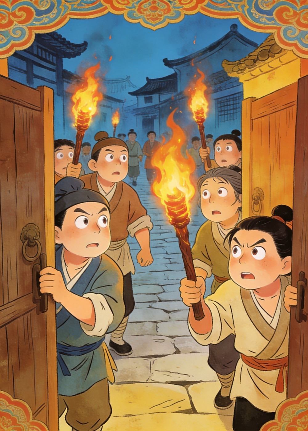邻居们被吵醒啦，举着火把跑出来抓小偷！