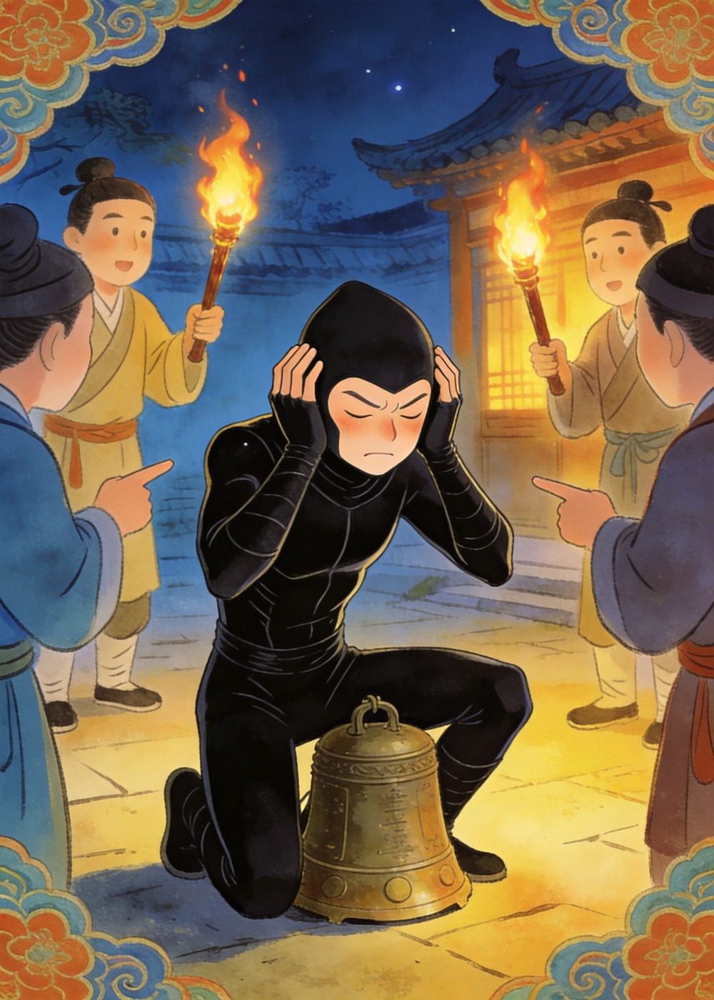 小偷抱着头蹲下来，拼命捂紧耳朵。