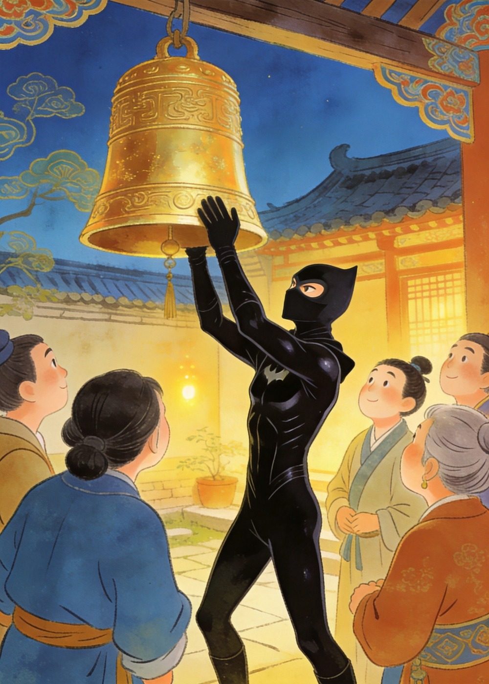 他帮邻居把大钟挂回原位，邻居们原谅了他。