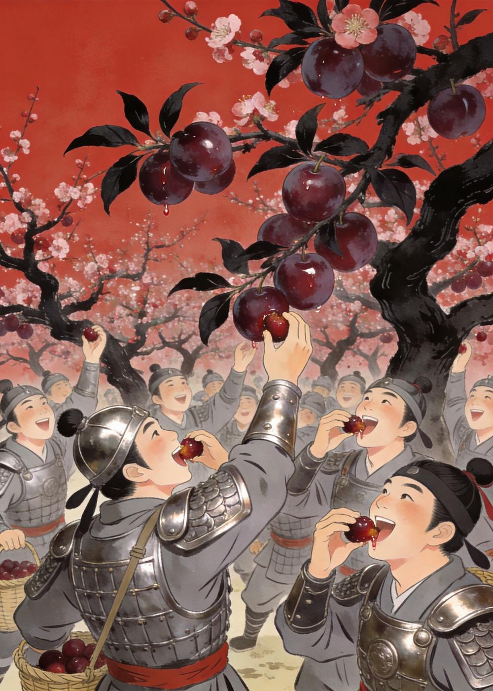 将士们摘下酸酸甜甜的梅子，吃了个痛快，解了渴。