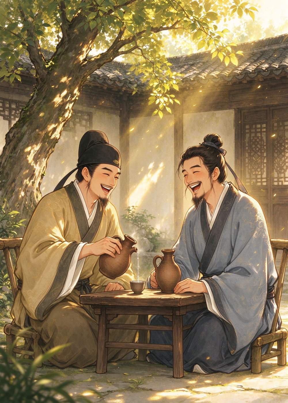 这天，天气很好，乐广又请好朋友来院子里喝酒聊天。